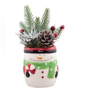 Flora Bunda PLANTER GREENERY FLORAL HOLIDAY MIX Ceramic Snowman Pot Christmas